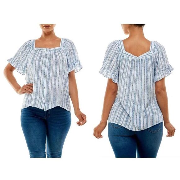 NWT Adrienne Vittadini Short Sleeve
Square Neck Button Front Top With Ruffles - Picture 1 of 12